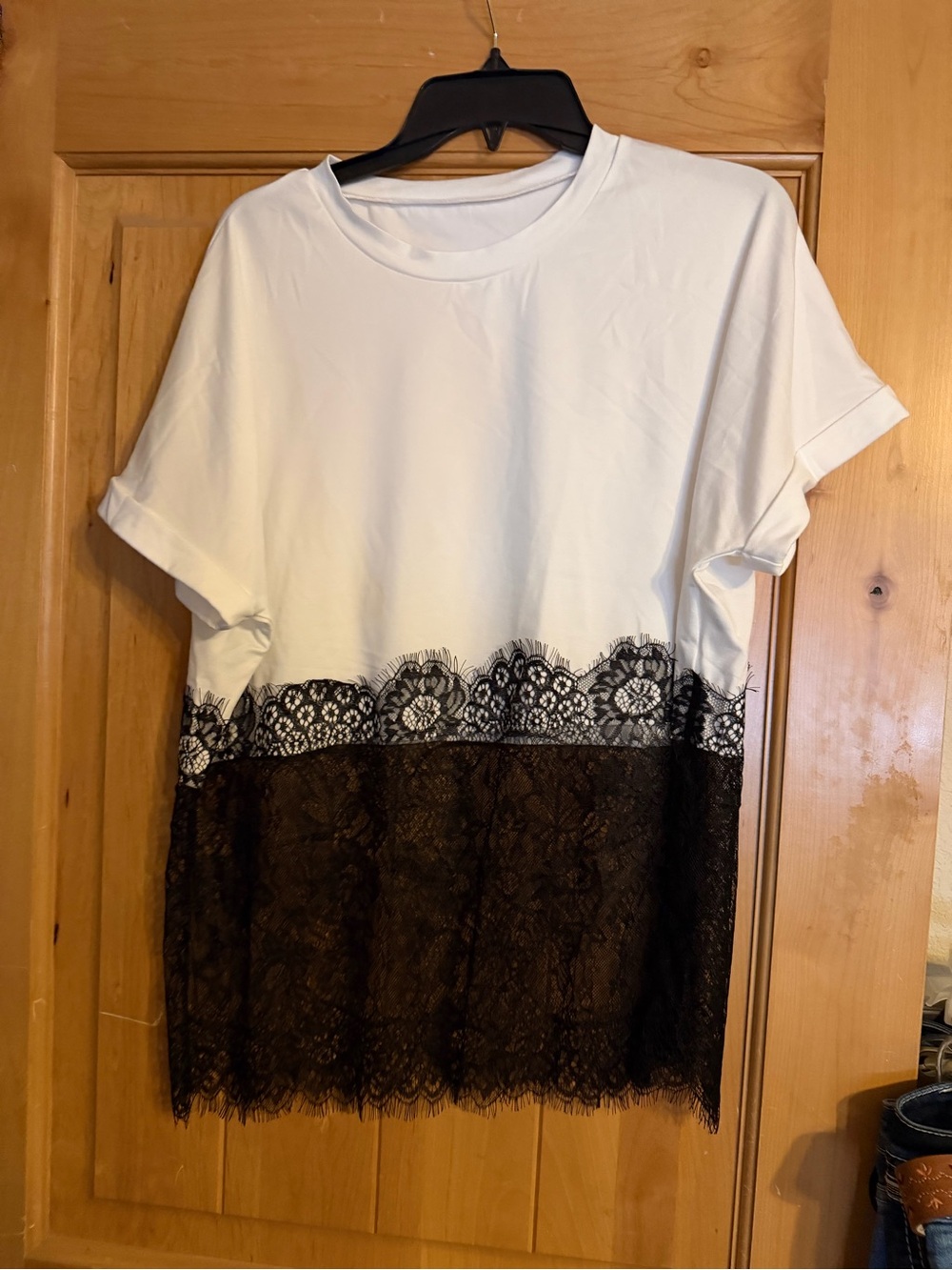Women's White Tee with Black Lace Trim
